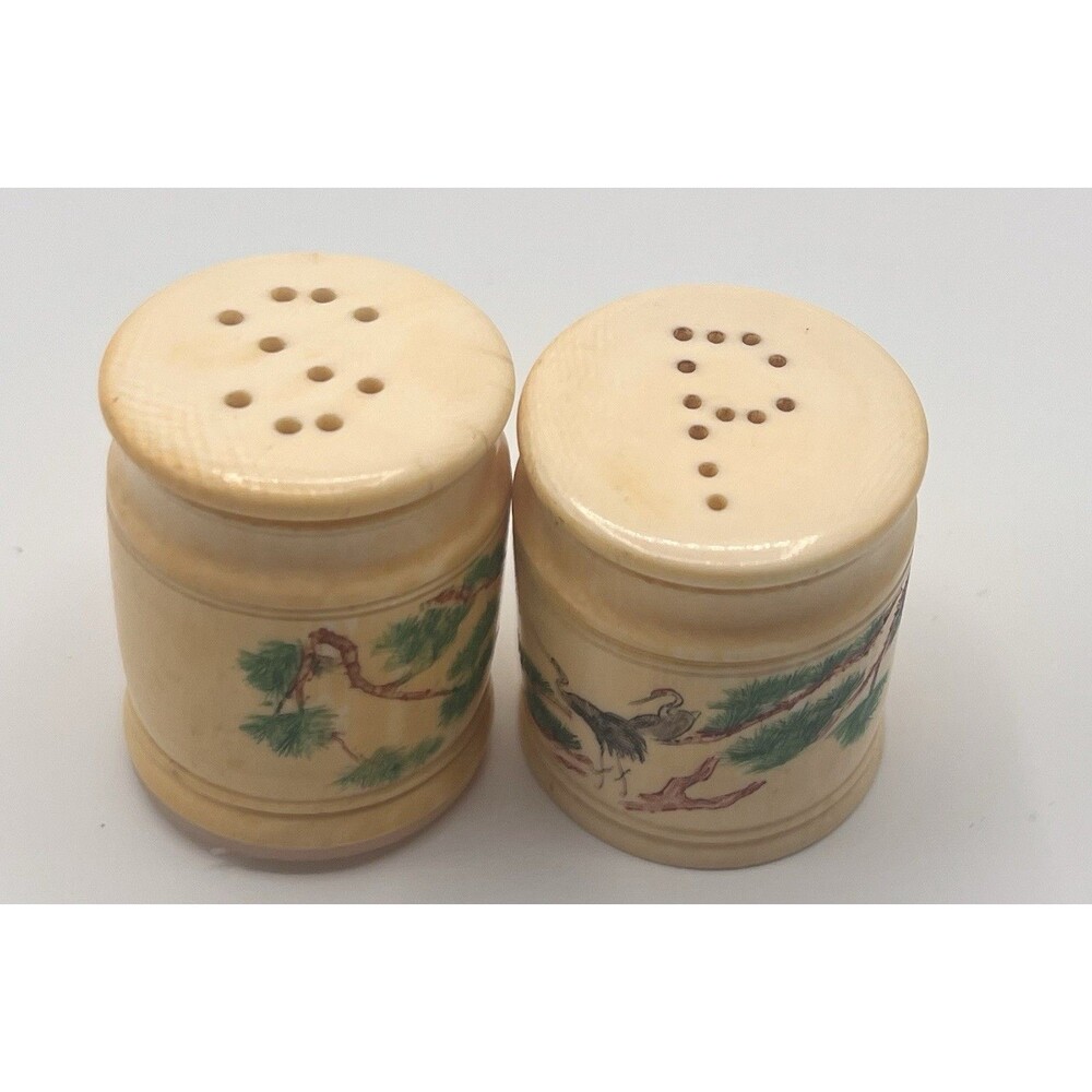 Rare 1930s Celluloid Salt & Pepper Shakers Handpainted Asian Crane Tree Motif - Picture 7 of 12